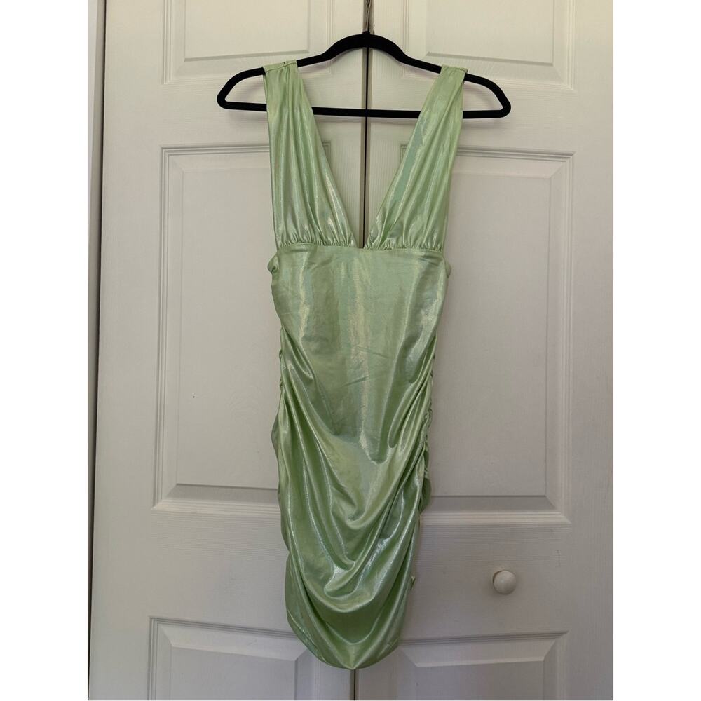REVOLVE Superdown Kerrie Deep V Dress Metallic Green Ruched Mini Dress Small - Picture 3 of 10